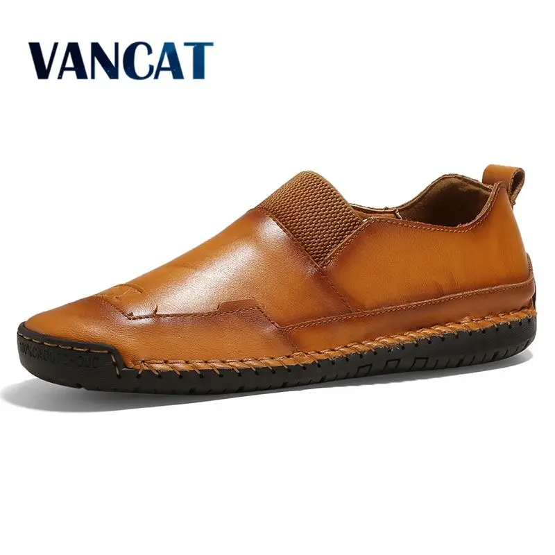 Мужские кожаные туфли ручной работы Vancat черные повседневные лоферы на плоской