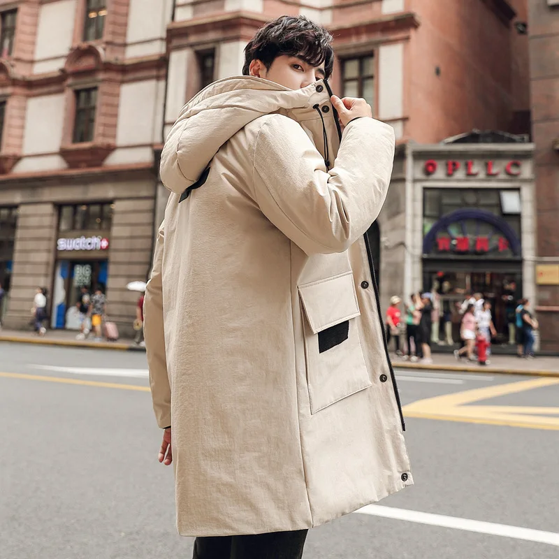 Down jacket men's mid-length section 2021 winter new hooded tooling down jacket warm couple casual jacket thickening