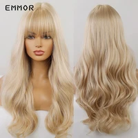 emmor synthetic long light blonde natural wave hair wigs with bangs high temperature fluffy cosplay daily wig for women