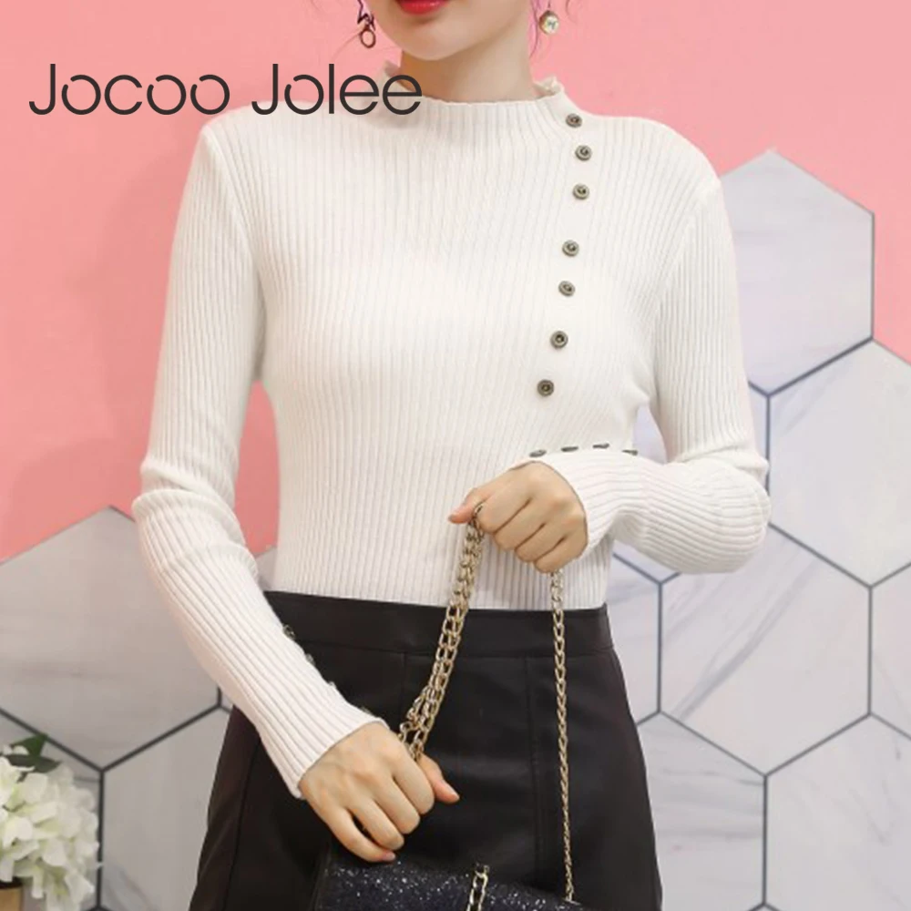 

Новый модный свитер с высоким воротником на пуговицах, Женский однотонный вязаный пуловер на весну и осень, женский тонкий мягкий джемпер, Ж...