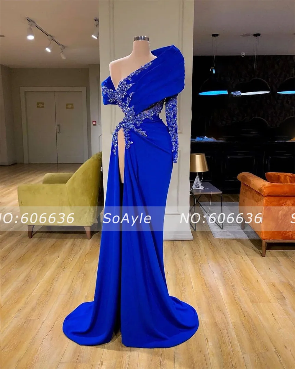 

SoAyle Unique One Shoulder Formal Evening Dress Sexy Split Side Luxurious Beading Mermaid Evening Dress Arabian Evening Dress
