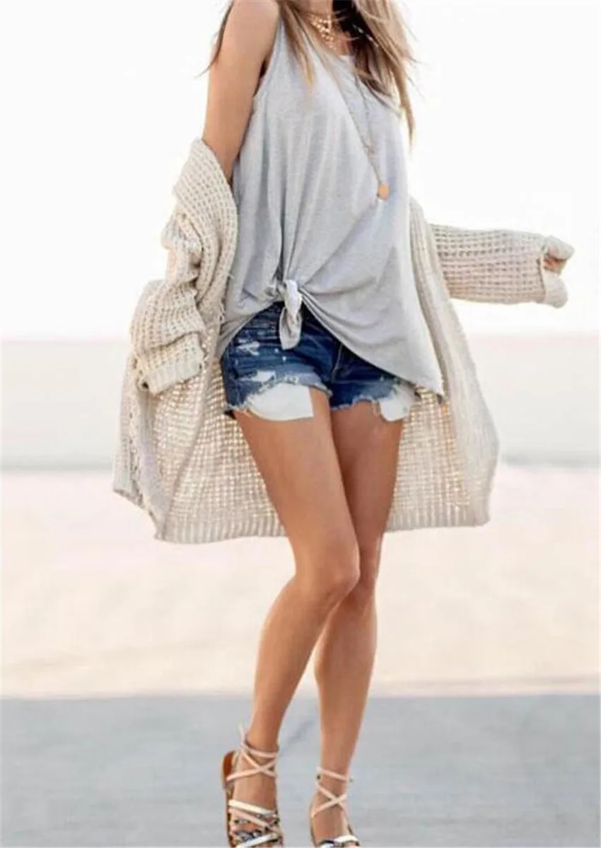 

Solid Tie Tank Women Top Fashion Summer Sleeveless Tees 2019 Casual O-neck Tanks Gray Loose Top Female Camis