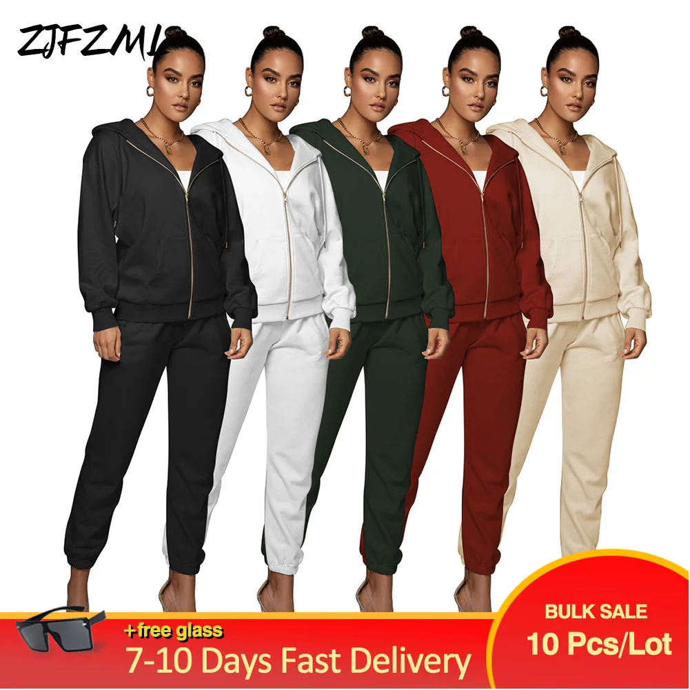 

Wholesale Bulk Items Lots Casual Athleisure Outfits Woman Hooded Full Sleeve Zipper-up Coat and Sporty Trouser Two Piece Suits