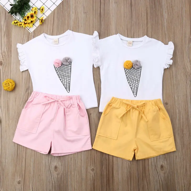 Модная футболка с рисунком мороженого для маленьких девочек топы и шорты детские