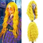 Парик для косплея Женский, свободная часть, с волнистыми кружевами спереди, желтый синтетический, термостойкий, без клея
