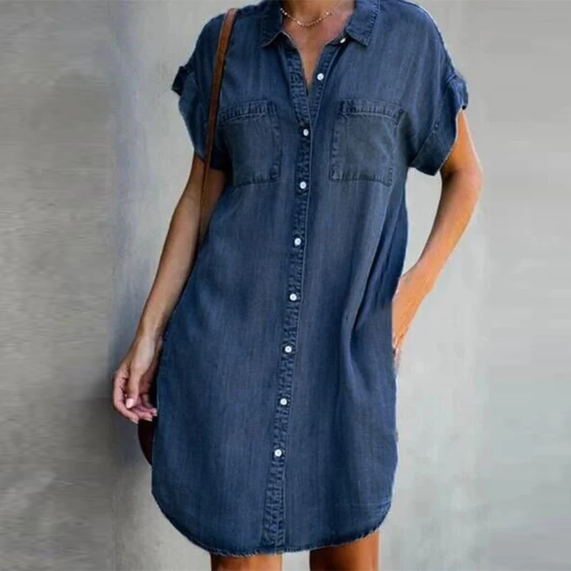 

Women Elegant Turn-down Collar Button Denim Dress Autumn Solid Slit Irregular Mini Dress Spring Short Sleeve Pocket Party Dress