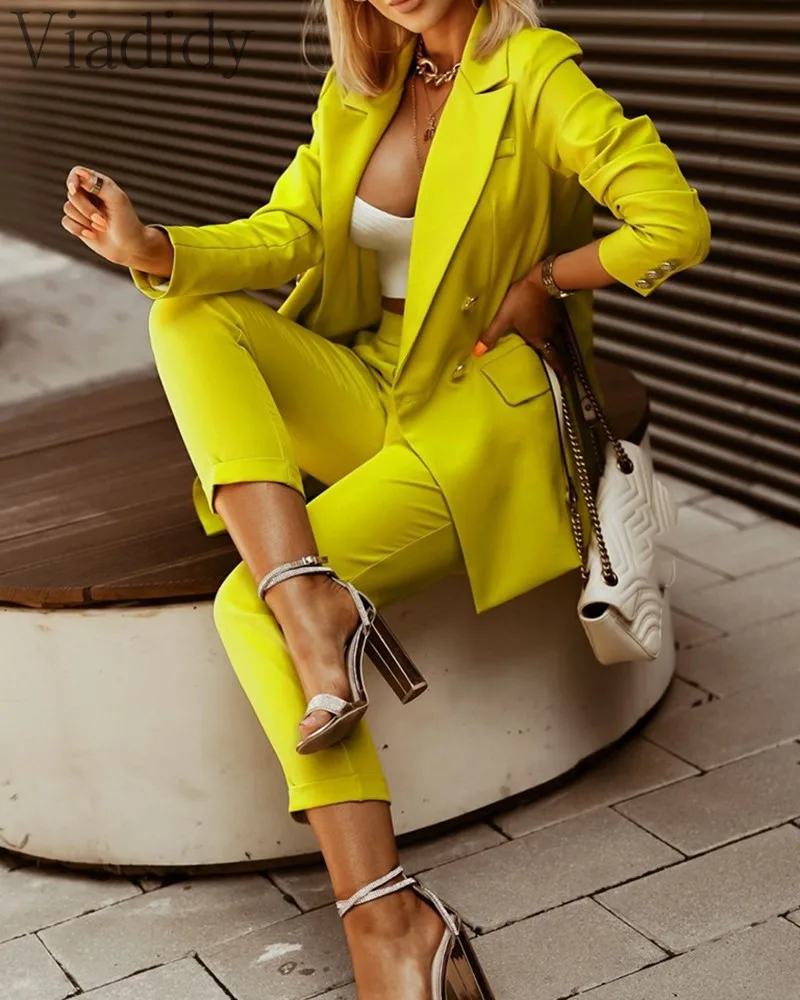 

Women Elegant Solid Color Double Breasted Pockets Blazer Coat and High Waist Pants 2pcs Set