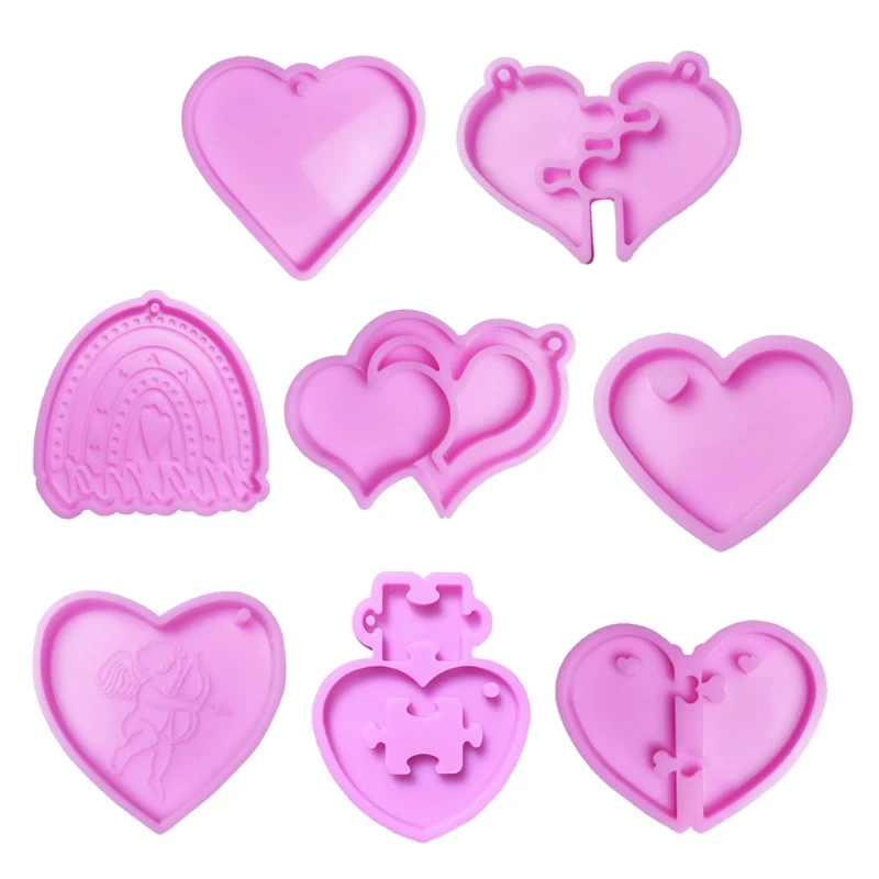 

T84A 8 Pcs/Set Love Heart Keychain Epoxy Resin Mold Necklace Pendant Silicone Mould