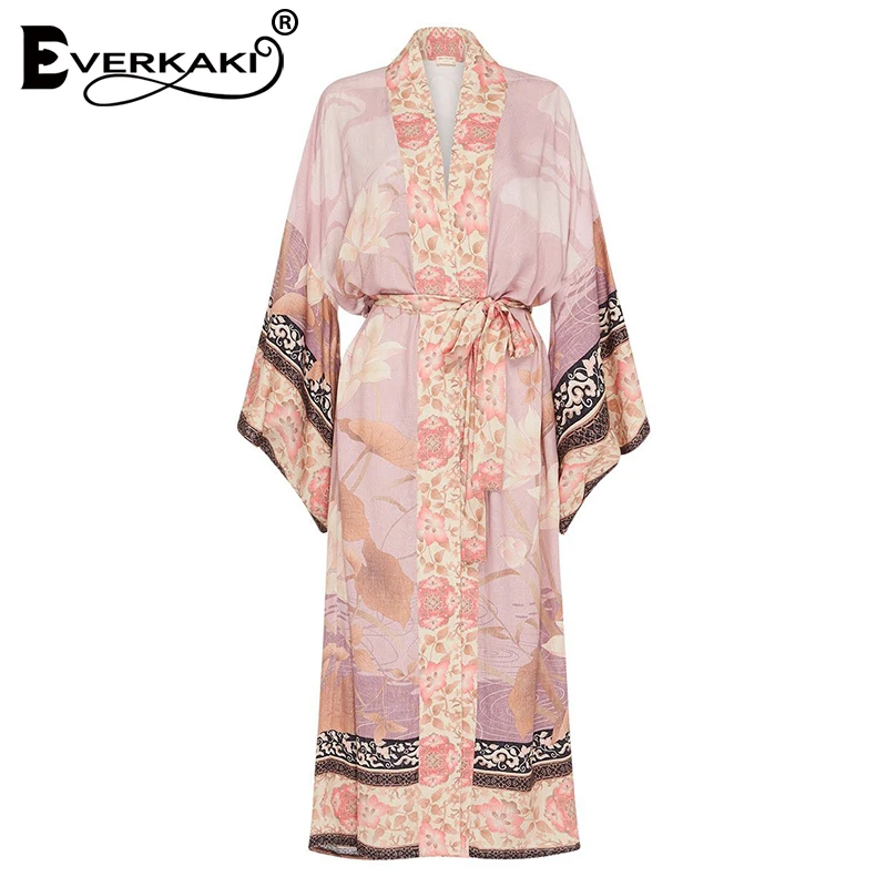 Everkaki Boho Цветочный принт пальто-кимоно женские пояса Розовый Цыганский осеннее женское длинное пальто-кимоно верхняя одежда женская Осень новинка