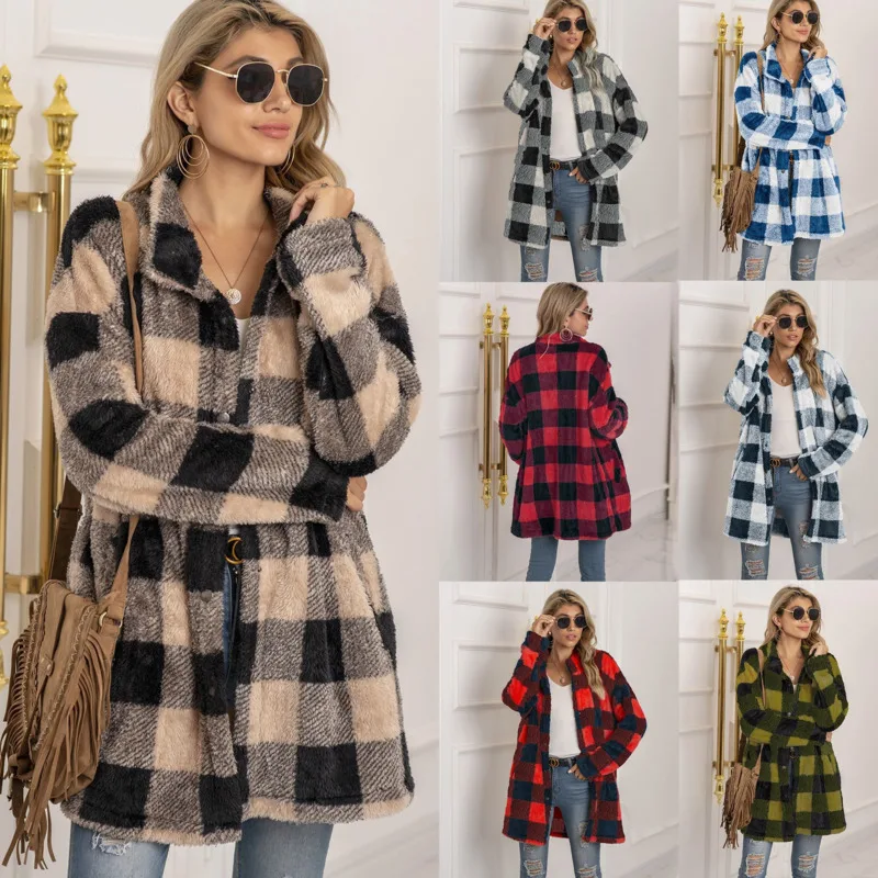 

2021 Autumn Winter Sweater Cardigan Plaid Button Turn Down Collar Long Coat Jacket Women Streetwear Windbreaker Clothes Casual