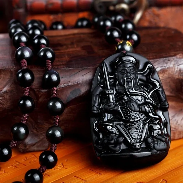 Ожерелье из натуральных черных бусин обсидиана ручной работы кулон Гуань Юй