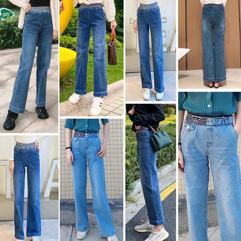 

Elastic High Waist Embroidery Wide Leg Pants Jeans 2021 Vintage Straight Pants Slim Women Plus Size Spring Autumn Denim Pants