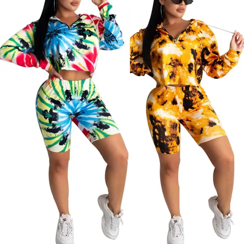 

Women Tracksuit Two Piece Set Casual Tie Dye Long Sleeve Zipper V-neck Hooded Tops T-Shirt Bikers Shorts Suit Sport Matching Set