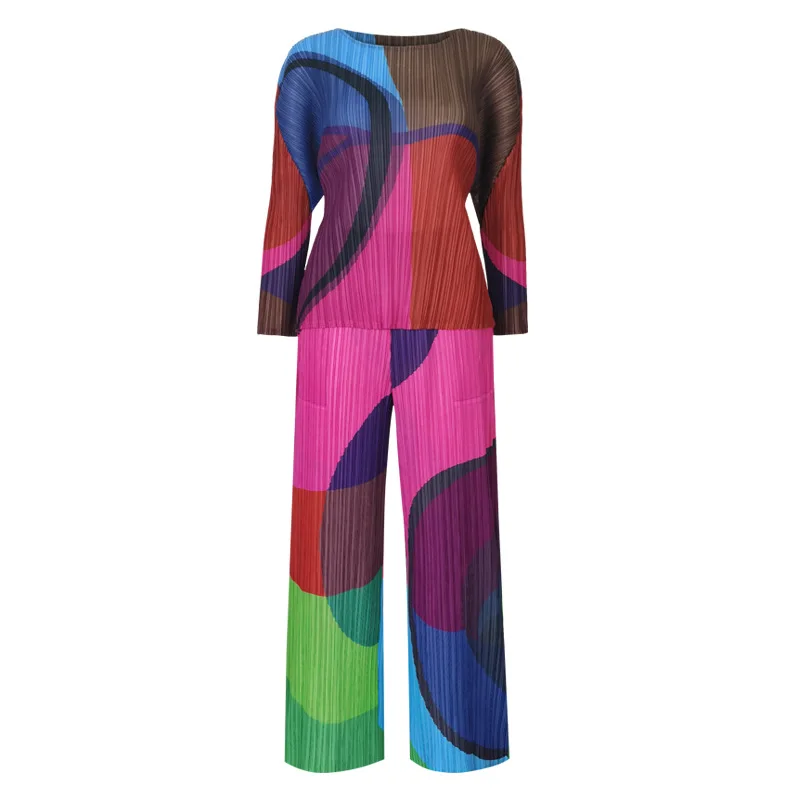 

LANMREM high quality irregular print pleated pants set for famale 2020 summer new temperament straight trousers + t-shirt YJ415