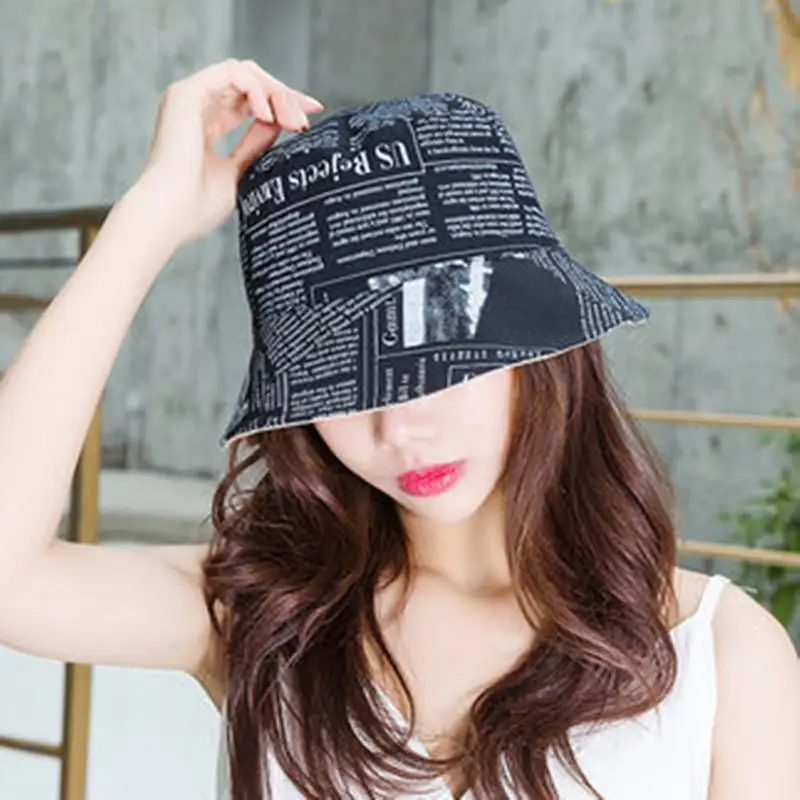 

New Women Bucket Hats Newspaper Design Men Cap Cotton Bucket Hat For Women Outdoor Sunscreen Sun Hat Lady Panama Cap