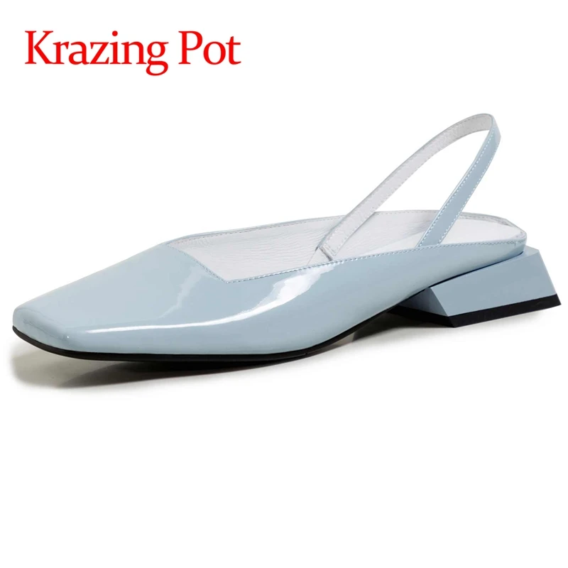 

Krazing Pot cow patent leather square toe med heels strange style mules concise style British school slip on women sandals L66