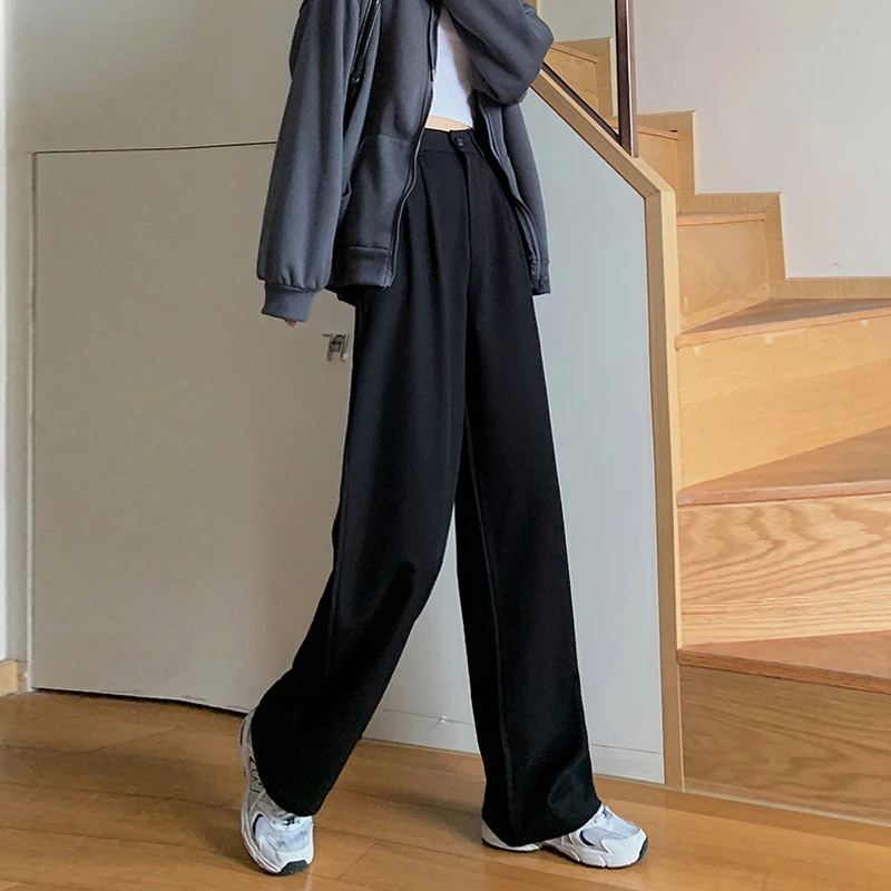 

Новинка осени 2021, однотонные повседневные спортивные свободные прямые брюки с высокой талией, женские драпированные брюки, черные Костюмны...