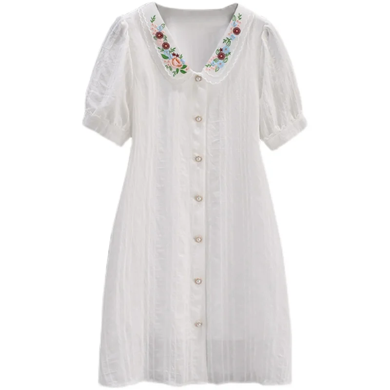 

Womens White Shirt Embroidery V-Neck Dress Plus Size L-4XL XXXL 3XL XXXXL Loose Blouses Blusas Slim Casual Short Sleeve Dresses