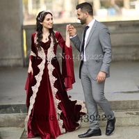 burgundy velvet v neck evening dresses prom lace appliques muslim arabic vestidos de fiesta de noche robe de soiree plus