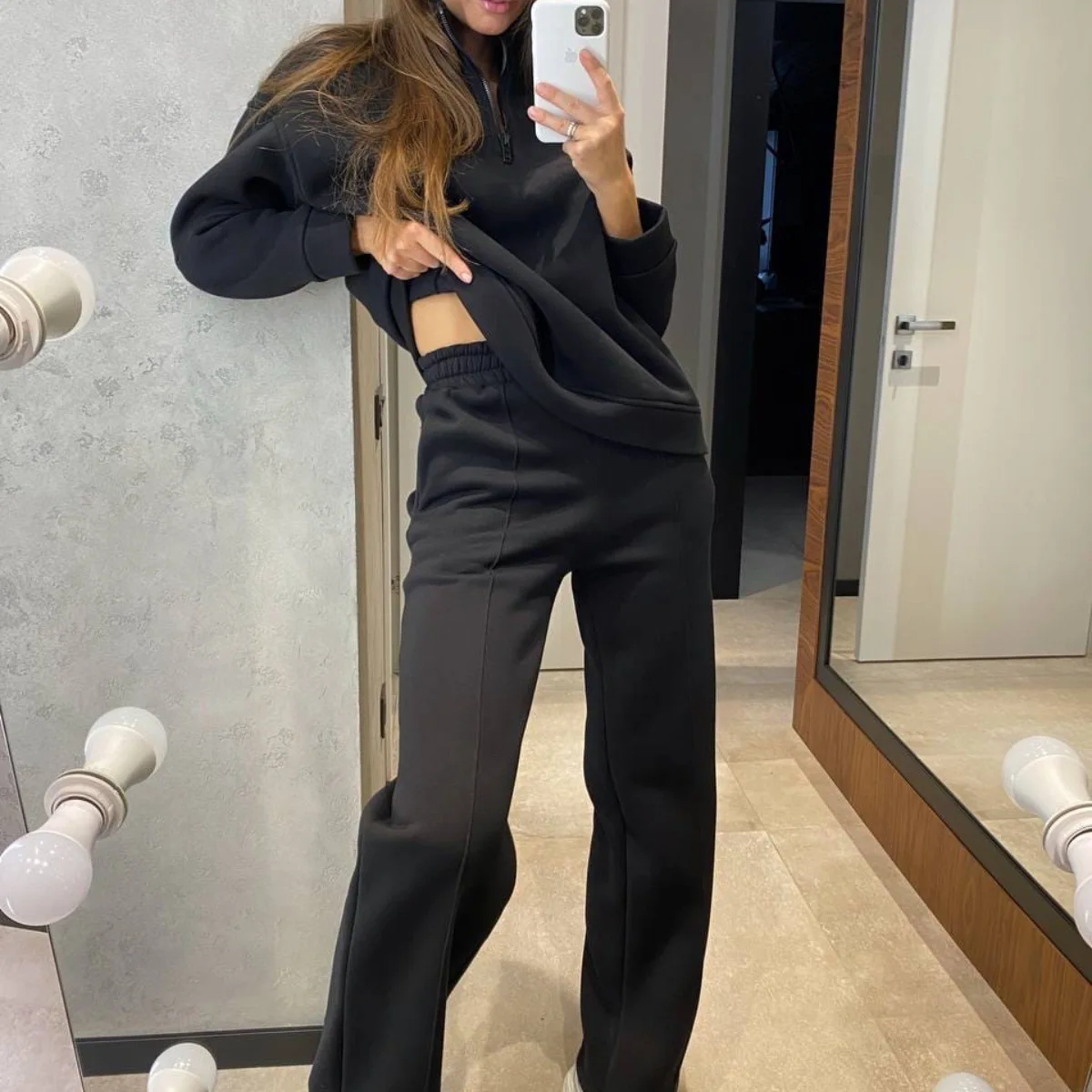 

Donsignet Fashion Women's Suit New Spring Casual High Neck Pullover Pure Color Regular Sweater Trousers Two-piece Suit Zip