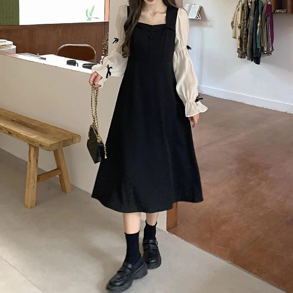 

Dresses 2021 New French Square Collar Stitching Long Sleeve Little Black Dress With Coat Goddess Temperament Waist Young Clothes