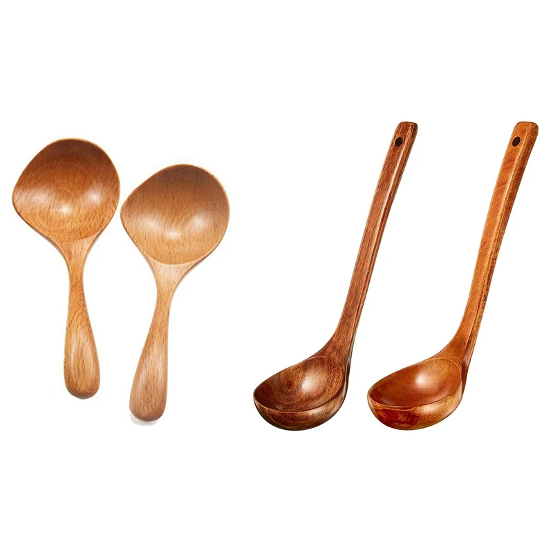 

2Pcs Wooden Soup Ladle Long Handle Large Spoon With 2Pcs Wooden Ladle Soup Spoon Long Handle Ladle Cookware
