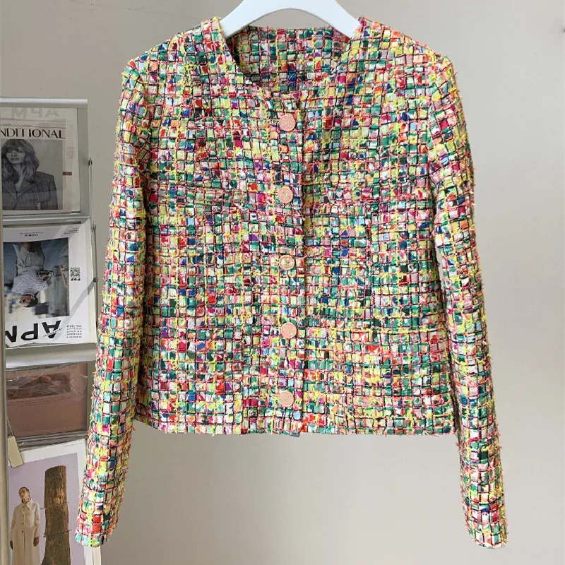 

Spring Autumn New Designer Women's plaid tweed jackets High Quality elegant O-neck Short Coat C366