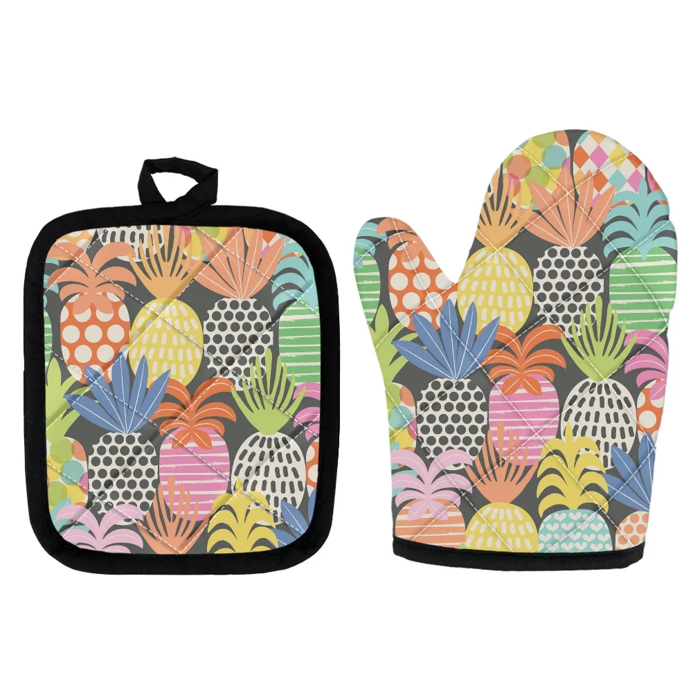 

Hawaii Pineapple Print Baking Mitts Non-slip Kitchen Microwave Cooking Heat Insulation Oven Gloves with Mat Set 2pcs Home Decor