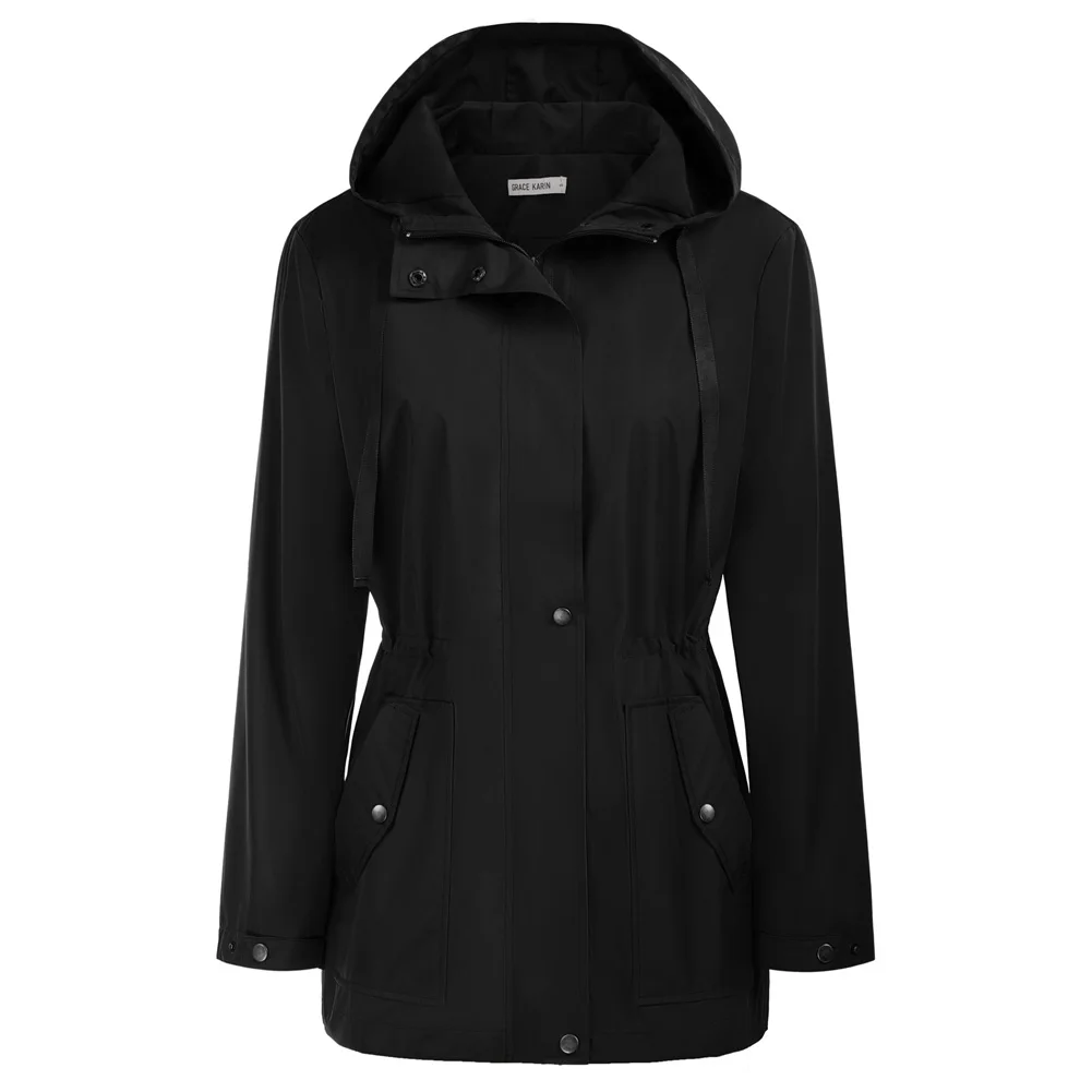

GK Women Thigh Length Rain Jacket Elastic Waist Hooded Water-Repellent Coat Zipper Fastening Front With Snap Buttons Rain Coat