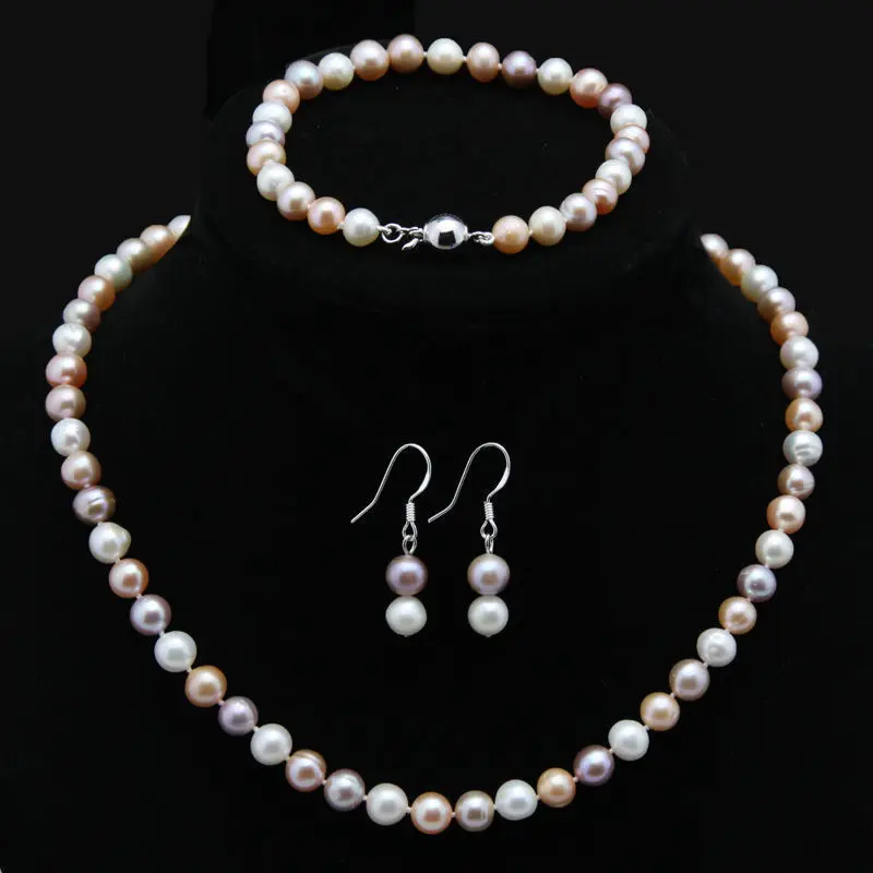 

HABITOO 8-9mm White Pink Purple Freshwater Pearl Necklace Bracelet Earrings Set Jewelry Chains for Woman жемчужное ожерелье