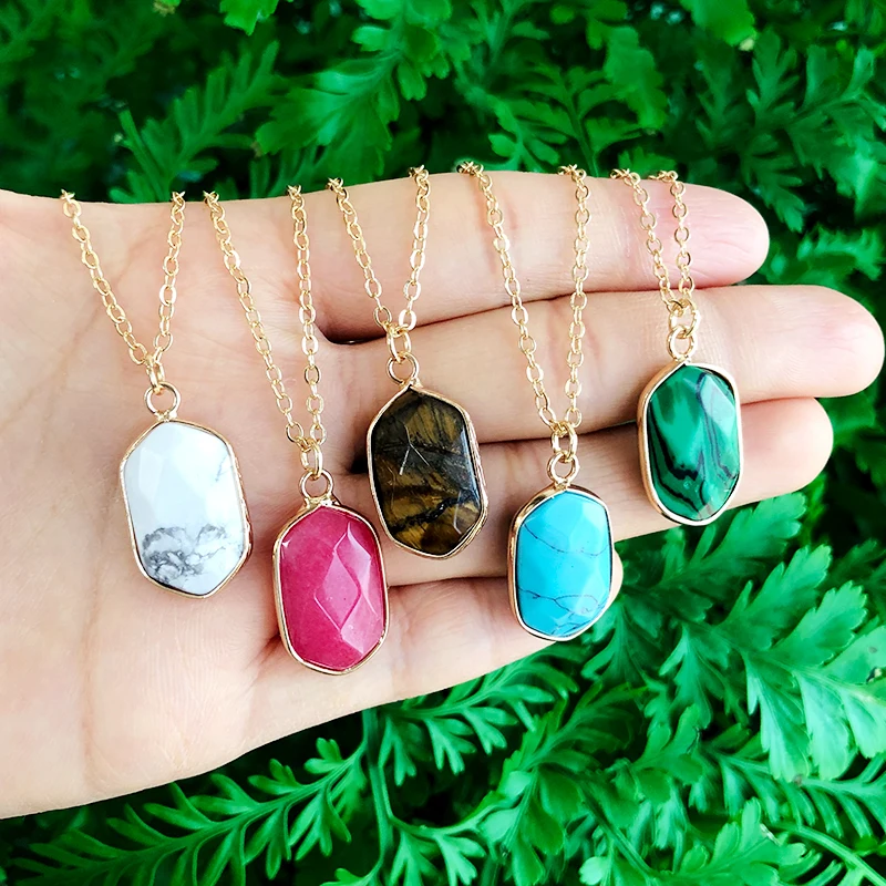 

KOMi Geometric Malachite Tiger Eye Pink Crystal Stone Turquoises Charm Necklace Pendant Clavicle Chain Necklace For Women K4890