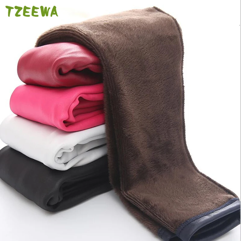 

Леггинсы из ПУ кожи для девочек, зимние брюки-карандаш с бархатной подкладкой, 2021