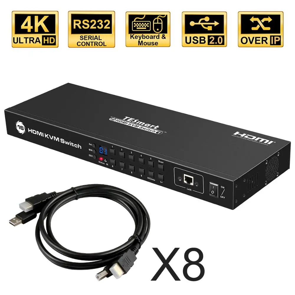 TESmart-Interruptor de montaje en Rack para consola, 16x1 HDMI, 4K, UHD, KVM, 8 piezas, 5 pies, Cable KVM, dispositivo USB 2,0, Control de entrada de 16 puertos