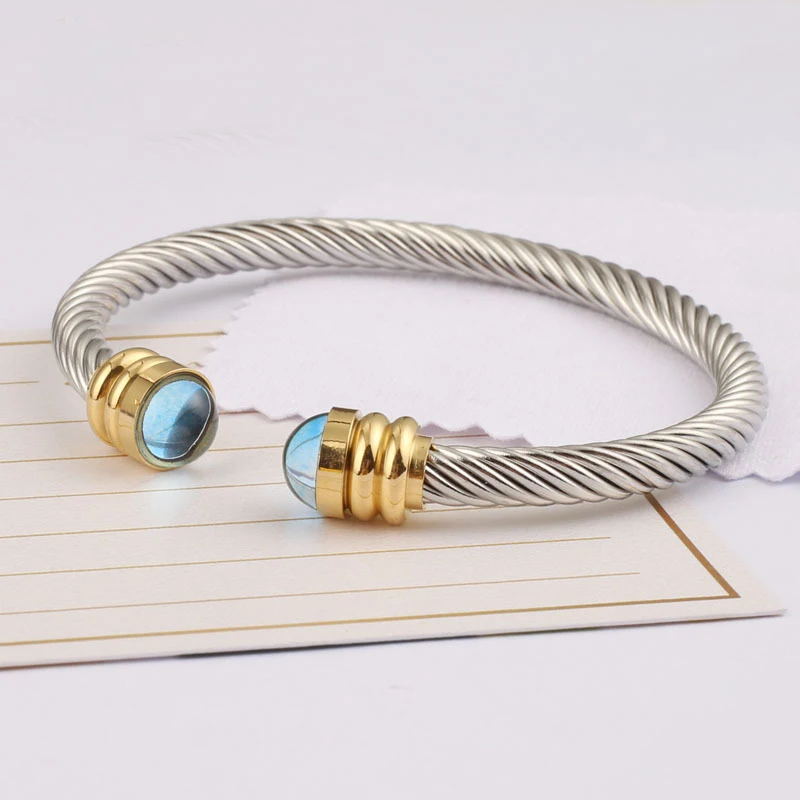 

Wholesale Stainless Steel Cable Bracelet Cuff Blue Bead Bangle Fashion Jewelry Fine Wrist Accessories Hand Ornament Realizable