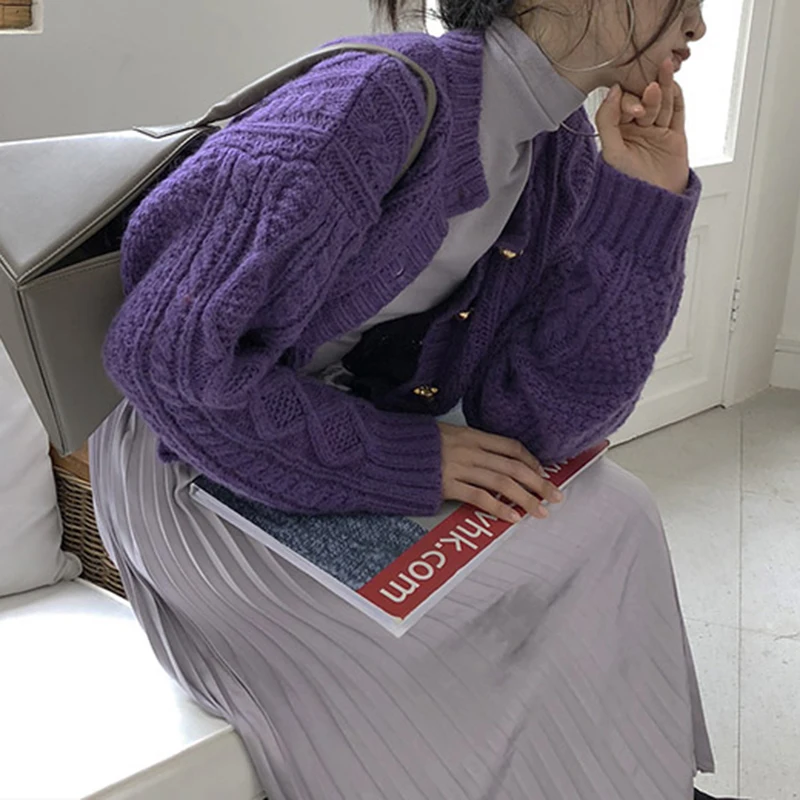 Женский вязаный свитер PERHAPS U фиолетовый и абрикосовый Кардиган с длинным рукавом