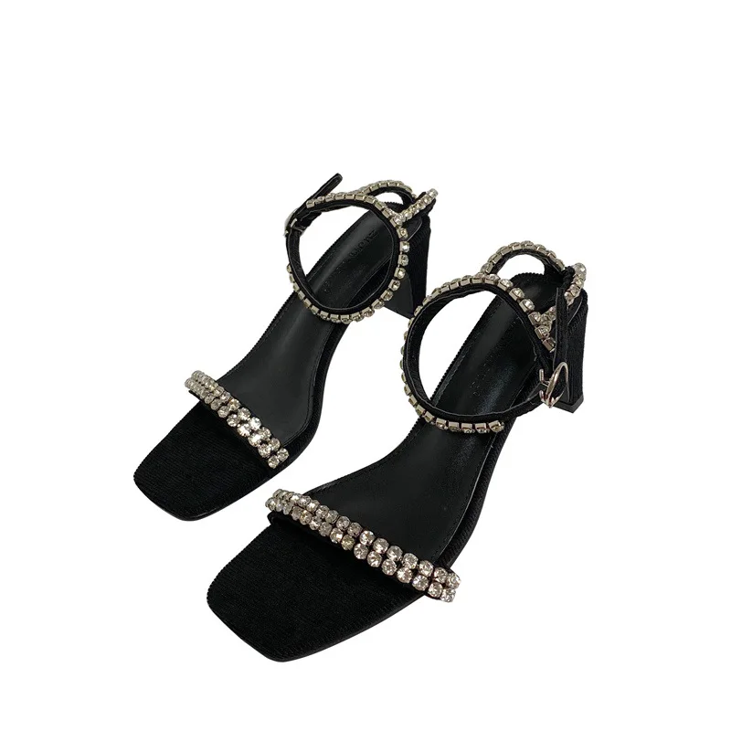 

All-Match Rhinestone Sandals Comfort Shoes for Women Open Toe Block Heels 2021 Summer Buckle Strap Suit Female Beige Peep Chunky