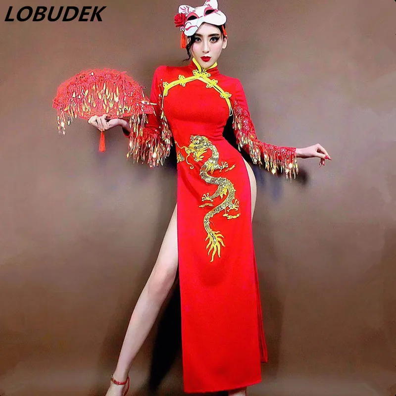 Женское сценическое платье-Ципао с бахромой блестками и разрезом | Тематическая