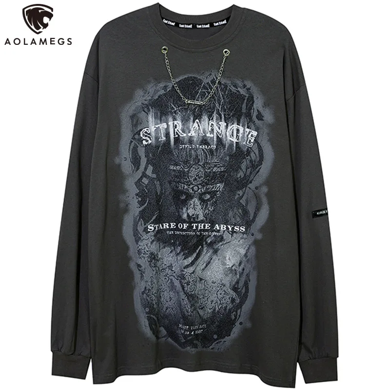

Aolamegs Men Gothic Horror Demon Printed Fashion Chain Sweatshirts Loose Punk Diablo High Street Style Pullover Black Streetwear