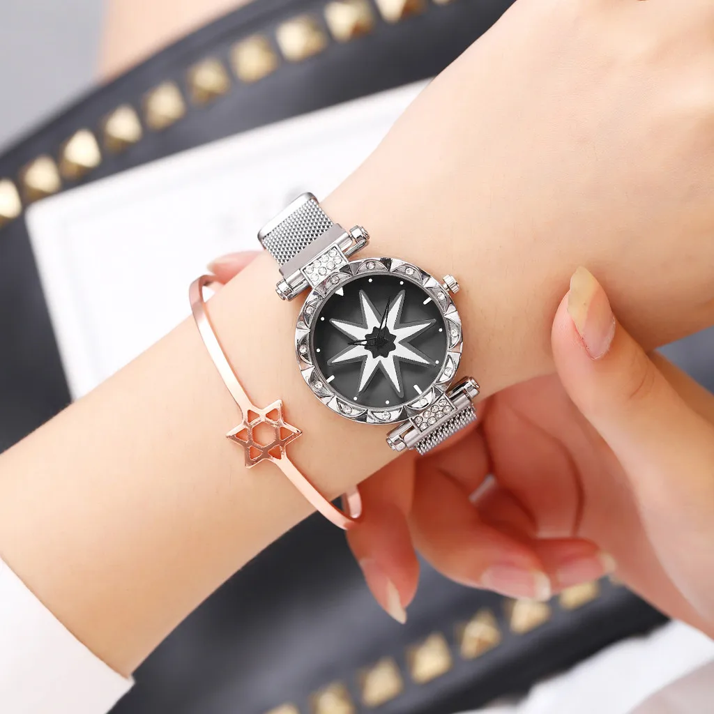 

Luxury Women's Diamond Flower Rotation Watches Fashion Quartz Magnet Buckle Stainless Steel Ladies Wristwatch Montre Femme /d