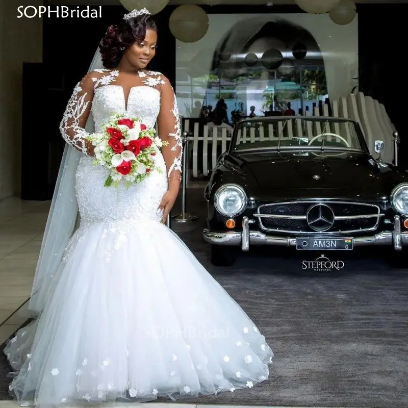 

New Arrival Beading Wedding Dresses Pearls Illusion Full Sleeves Mermaid Wedding Gown Black Girls Bridal Vestidos Robe de Marie