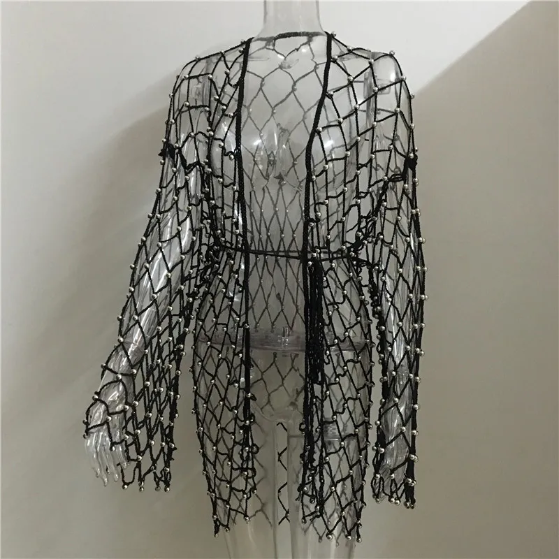 AKYZO Женская однотонная трикотажная сетчатая блуза с длинным рукавом Boho свободная Большой размер открытая блузка с шалью размера плюс Летний Пляжный Длинный топ