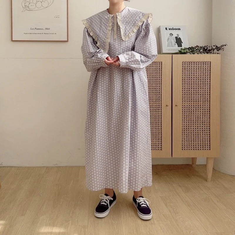 

GALCAUR Casual Print Dot Loose Midi Dress For Women Round Collar Long Sleeve Ankle Length Dresses Female 2021 New Clothing Style