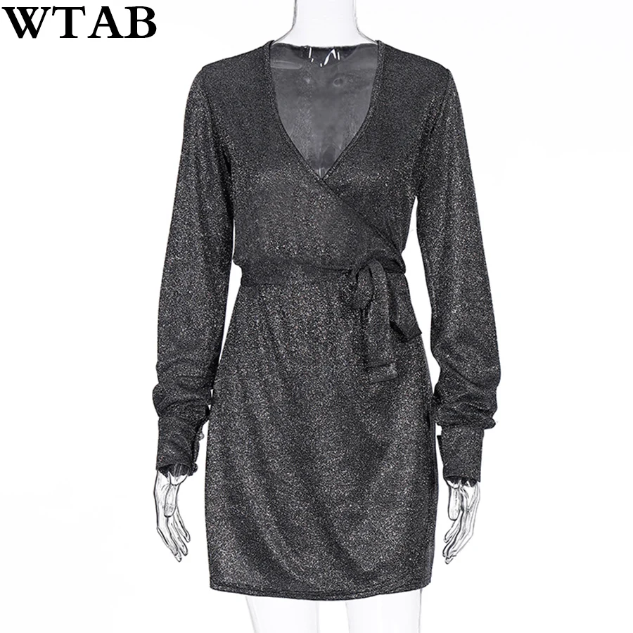 WTAB Новинка 2019 сексуальное мини платье с длинным рукавом и блестящим повязочным