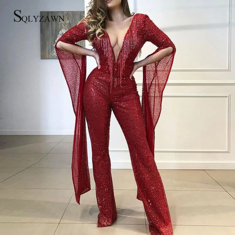 Sexy Deep V Neck Tassels Mesh Wide Leg Palazzo Pants Jumpsuit Ladies Vintage Backless Glitter Dots Wine Red Romper Party Overall |