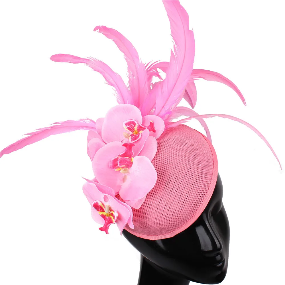 

Nice charming pink millinery cap flower fashion fedora cap for women fascinators hat ladies wedding headpiece fancy feathers