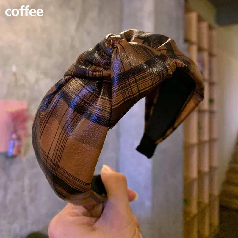 Plaid coffee Ретро завязанная повязка на голову ручной работы из искусственной кожи ободок с бантиком женские аксессуары для волос Меховой обруч на голову корейский модный головной убор - Цвет: Plaid coffee