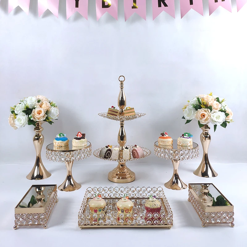 Больше лоток золотой свадебный торт стенд Набор белого цвета со стразами и