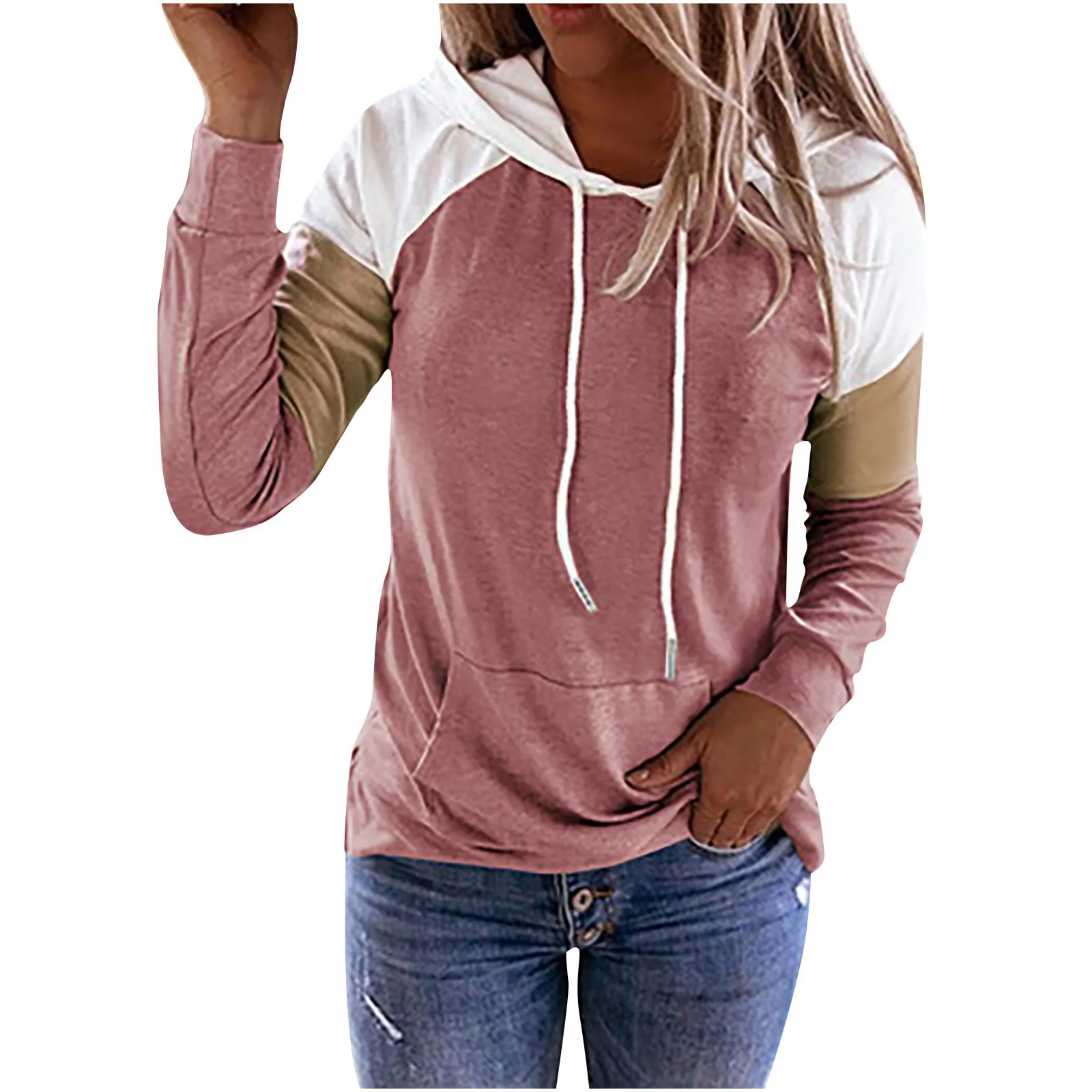 

Hoodies Women Patchwork Hoodies Long Sleeve Casual Sweatshirt Tops With Pocket Pullovers Hooded Streetwear Winter Clothes 2021