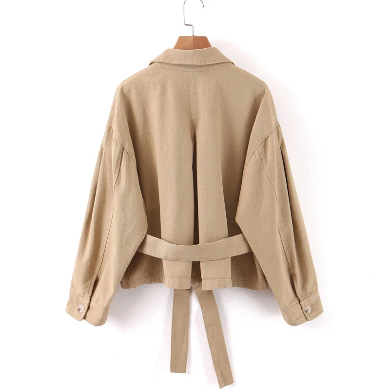 Стильный шикарный хаки галстук ремень куртки Женская мода отложной воротник