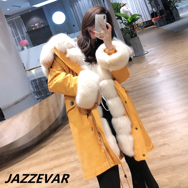 JAZZEVAR New Winter Haute Couture Women's Luxury Whole Skin Fox Fur Collar Removable Rex Rabbit Fur Lining Ladies Hooded Jacket